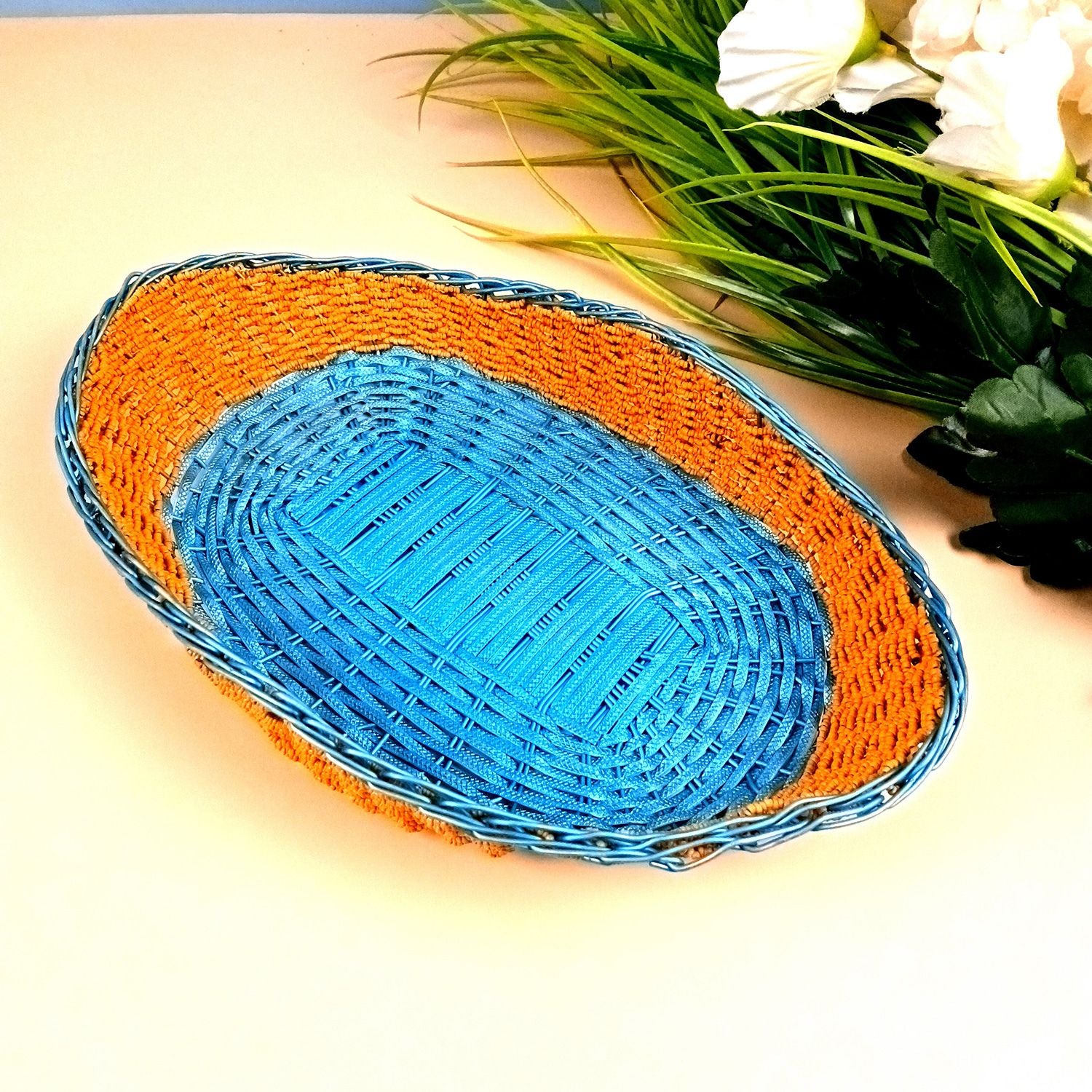 Basket With Beads & Wovan Design | Multipurpose Storage Basket - for Fruits, Makeup, Stationary, Gifts Packing - 12 Inch - Apkamart