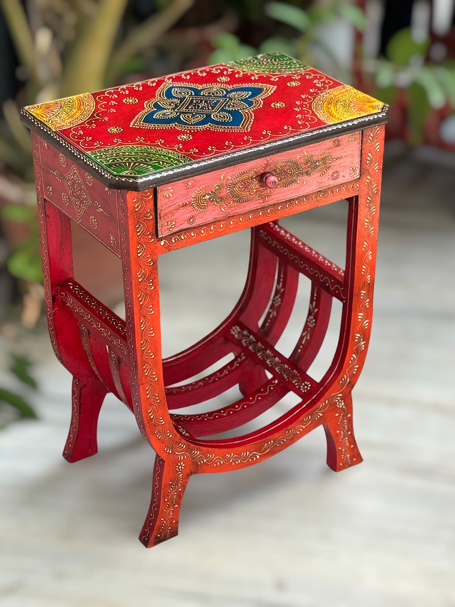 Wooden Bedside Table With Drawer | End Side Table | Coffee Tables - for Living Room, Bedside, Sofa Side, Corners, Home Decor & Gifts - 24 Inch - Apkamart #color_Red