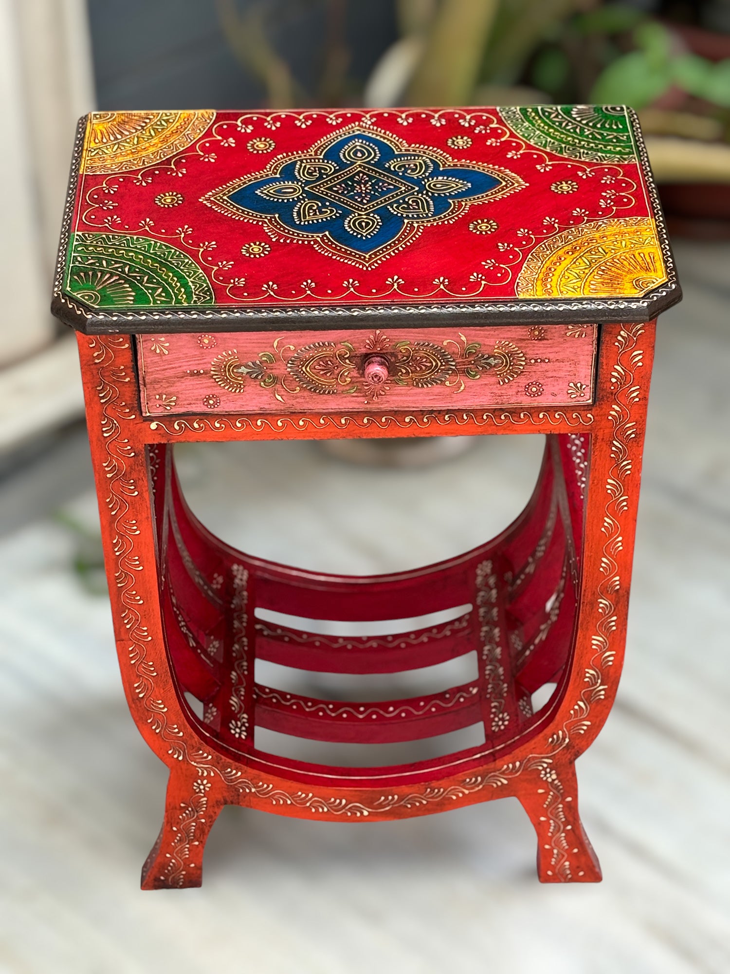 Wooden Bedside Table With Drawer | End Side Table | Coffee Tables - for Living Room, Bedside, Sofa Side, Corners, Home Decor & Gifts - 24 Inch - Apkamart #color_Red