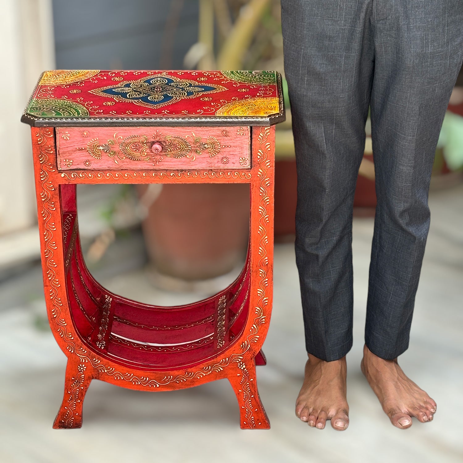 Wooden Bedside Table With Drawer | End Side Table | Coffee Tables - for Living Room, Bedside, Sofa Side, Corners, Home Decor & Gifts - 24 Inch - Apkamart #color_Red