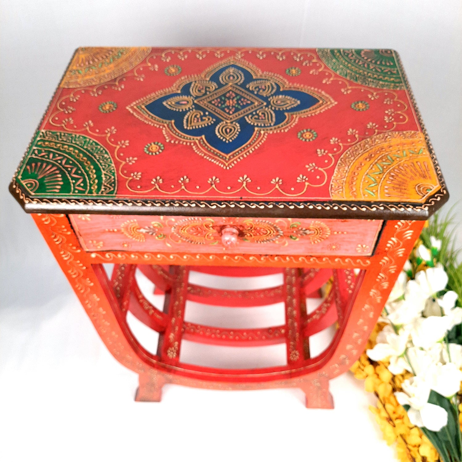 Wooden Bedside Table With Drawer | End Side Table | Coffee Tables - for Living Room, Bedside, Sofa Side, Corners, Home Decor & Gifts - 24 Inch - Apkamart #color_Red