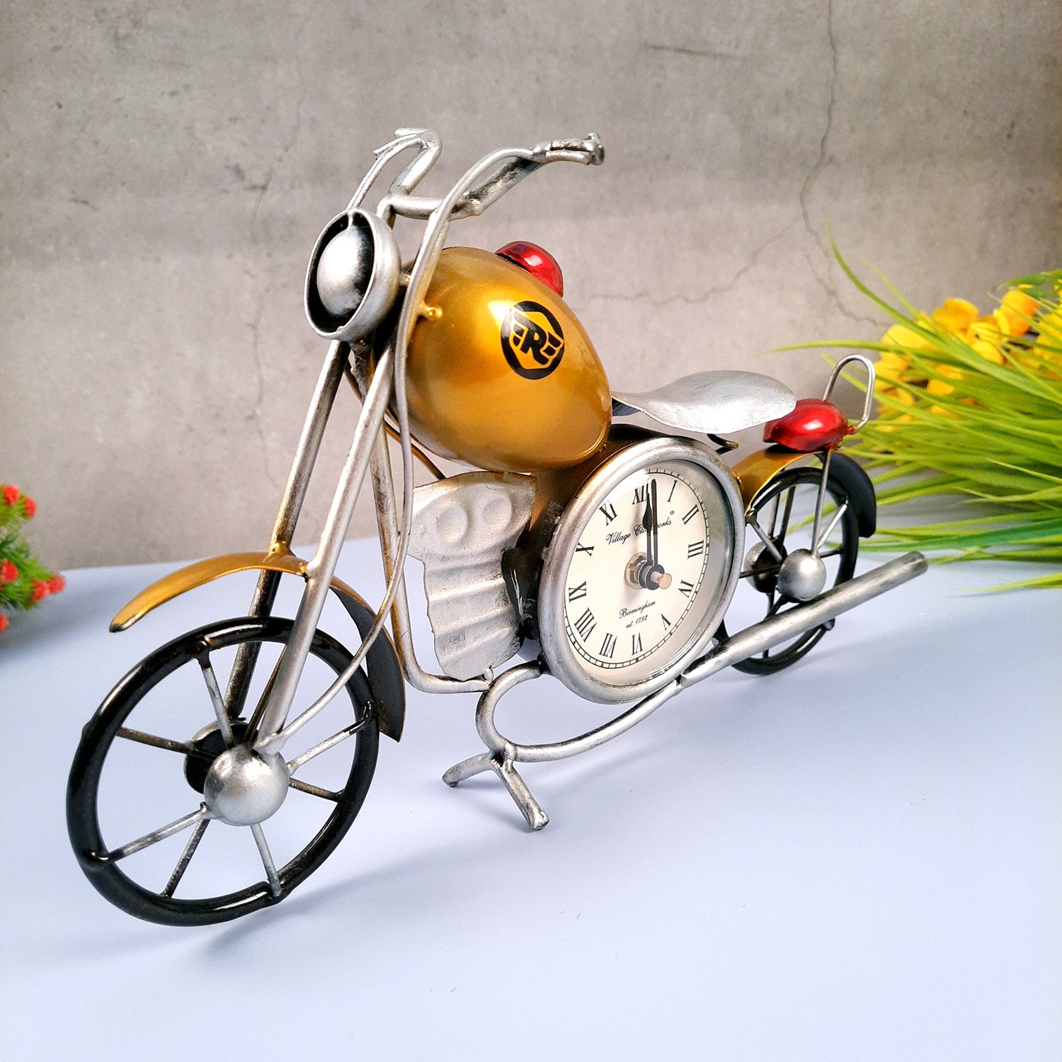 Table Clock Cum Bike Showpiece | Desk Clock | Watch For Shelf & Office tables - For Home, Living Room, Study Table, Desk, Office Decor & Gifts - 12 Inch - apkamart #Color_Yellow