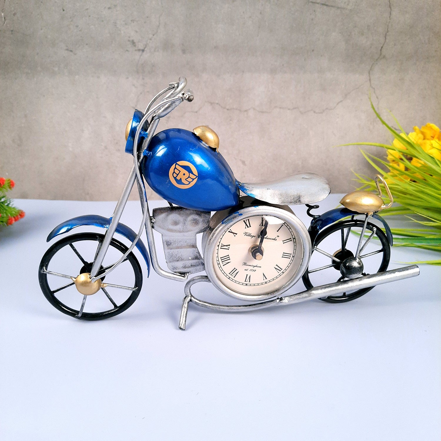 Table Clock Cum Bike Showpiece | Desk Clock | Watch For Shelf & Office tables - For Home, Living Room, Study Table, Desk, Office Decor & Gifts - 12 Inch - apkamart #Color_Blue