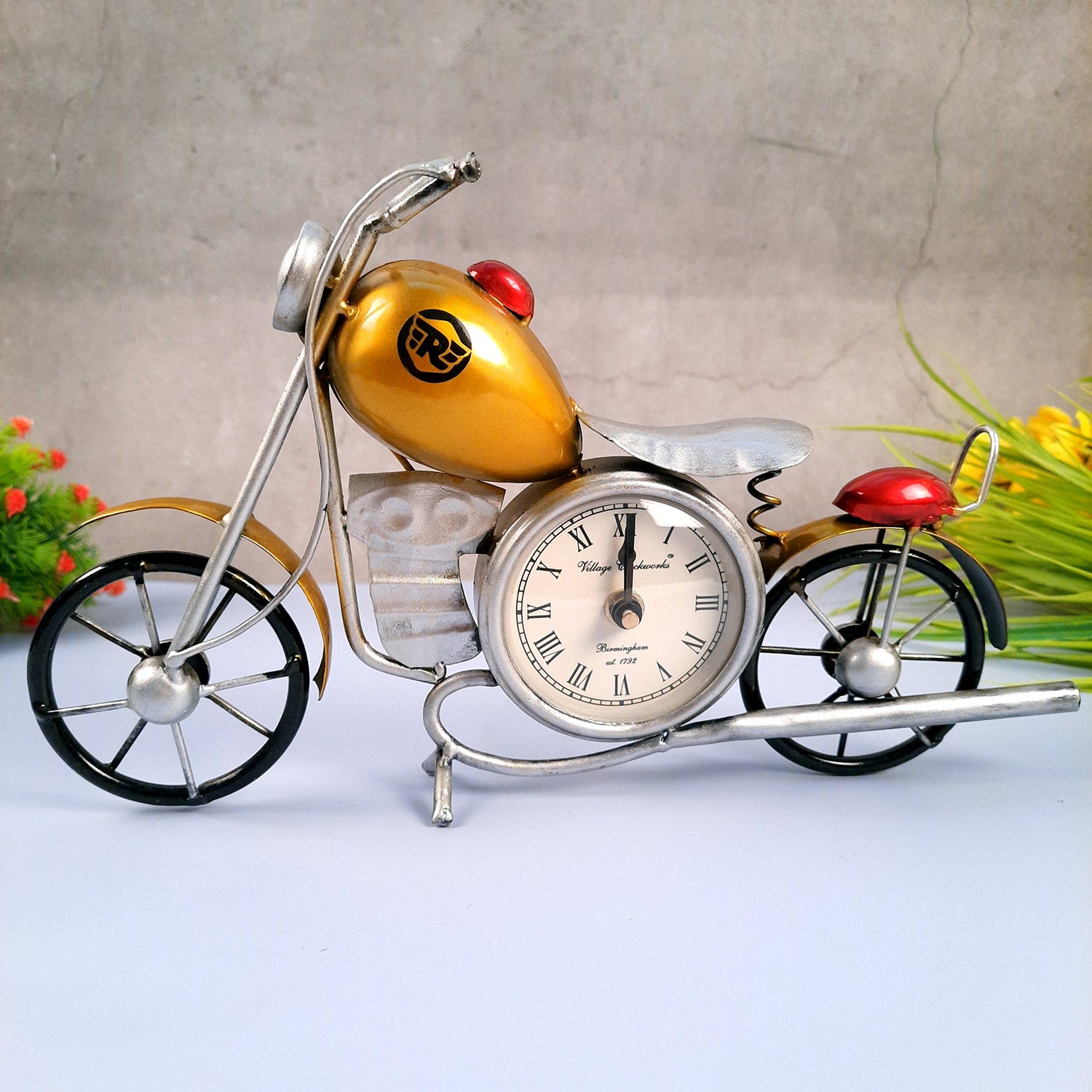 Table Clock Cum Bike Showpiece | Desk Clock | Watch For Shelf & Office tables - For Home, Living Room, Study Table, Desk, Office Decor & Gifts - 12 Inch - apkamart #Color_Yellow