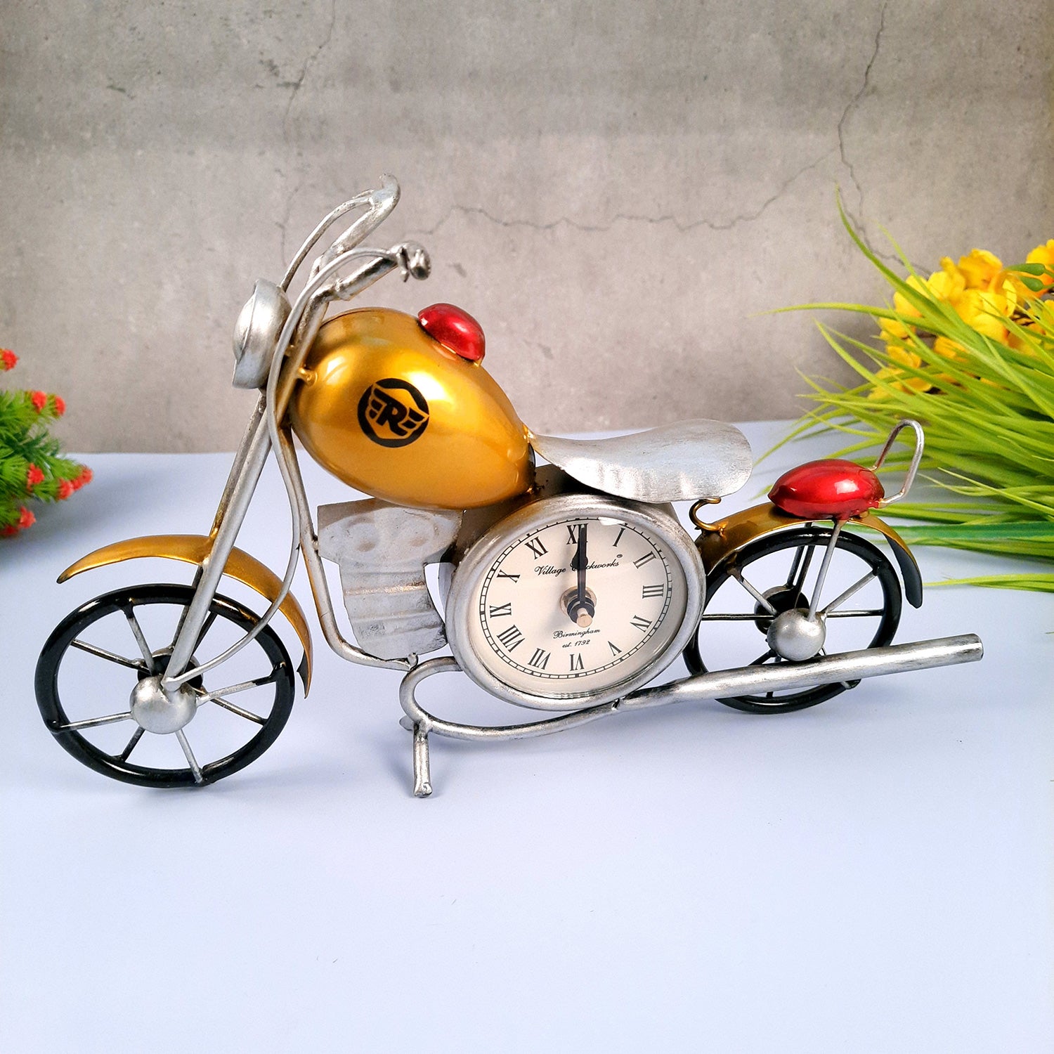 Table Clock Cum Bike Showpiece | Desk Clock | Watch For Shelf & Office tables - For Home, Living Room, Study Table, Desk, Office Decor & Gifts - 12 Inch - apkamart #Color_Yellow