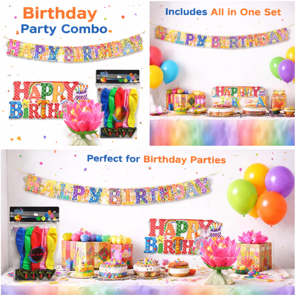Birthday Decoration Combo Pack for Home Party | 1 Birthday Banner, 1 Candle, 1 Packet Bollon | All in One Birthday Combo with Premium Birthday Supplies - Apkamart