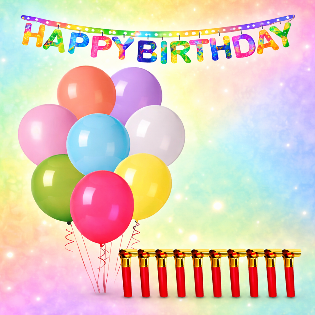 Complete Birthday Combo Decoration Set | 2 Packets Ballons, 1 Banner, 10 Party Horns | Birthday Decoration Combo Pack with Party Supplies for Celebration - Apkamart