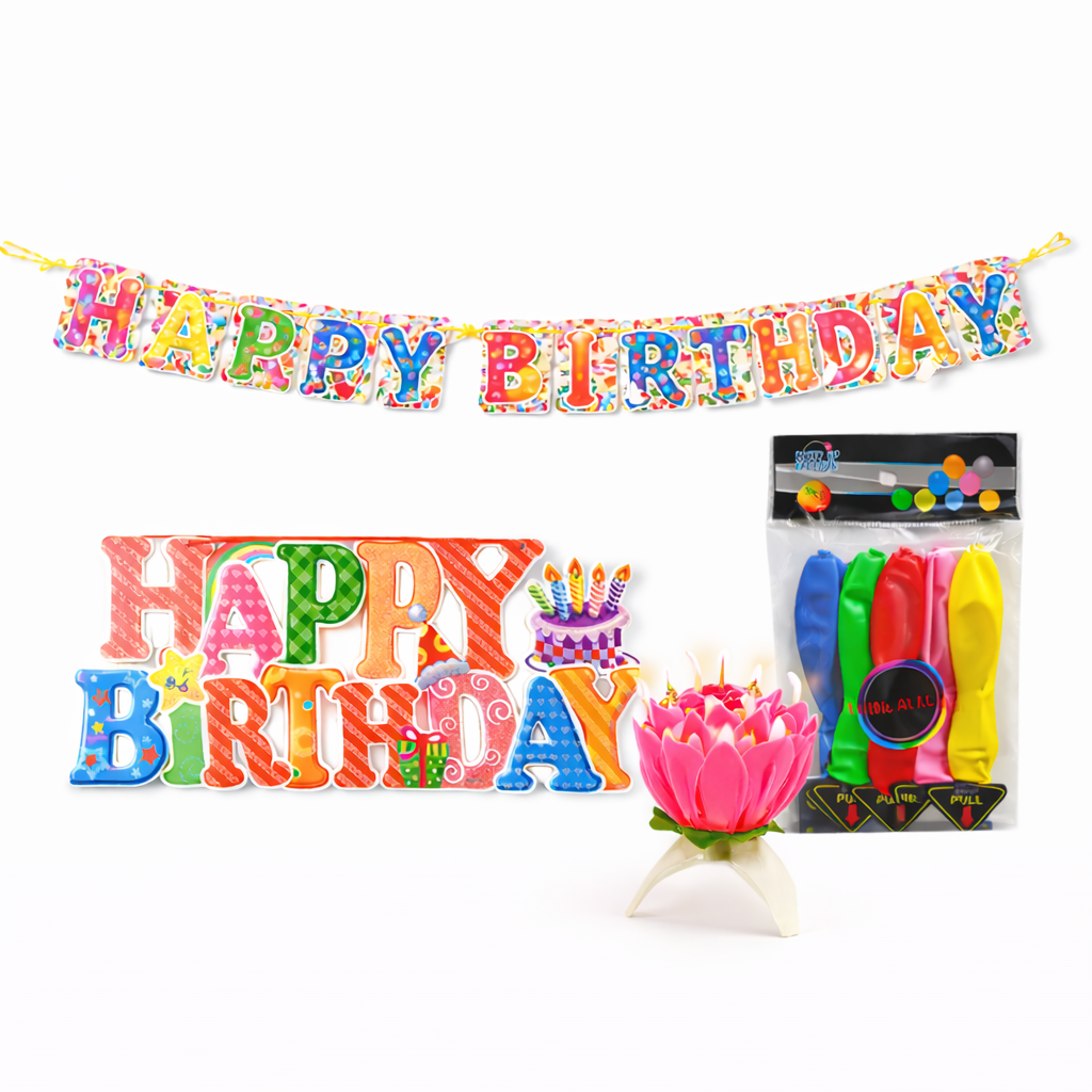 Birthday Decoration Combo Pack for Home Party | 1 Birthday Banner, 1 Candle, 1 Packet Bollon | All in One Birthday Combo with Premium Birthday Supplies - Apkamart