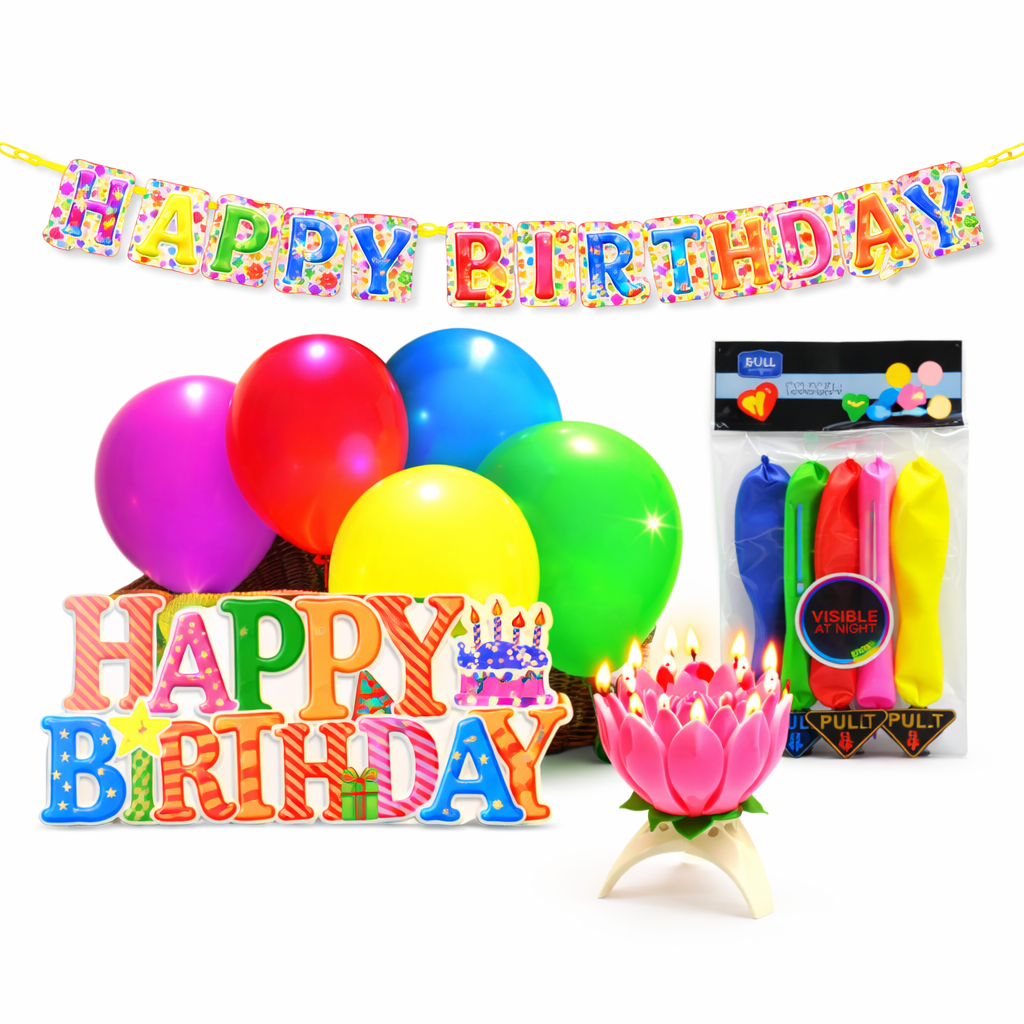 Birthday Decoration Combo Pack for Home Party | 1 Birthday Banner, 1 Candle, 1 Packet Bollon | All in One Birthday Combo with Premium Birthday Supplies - Apkamart