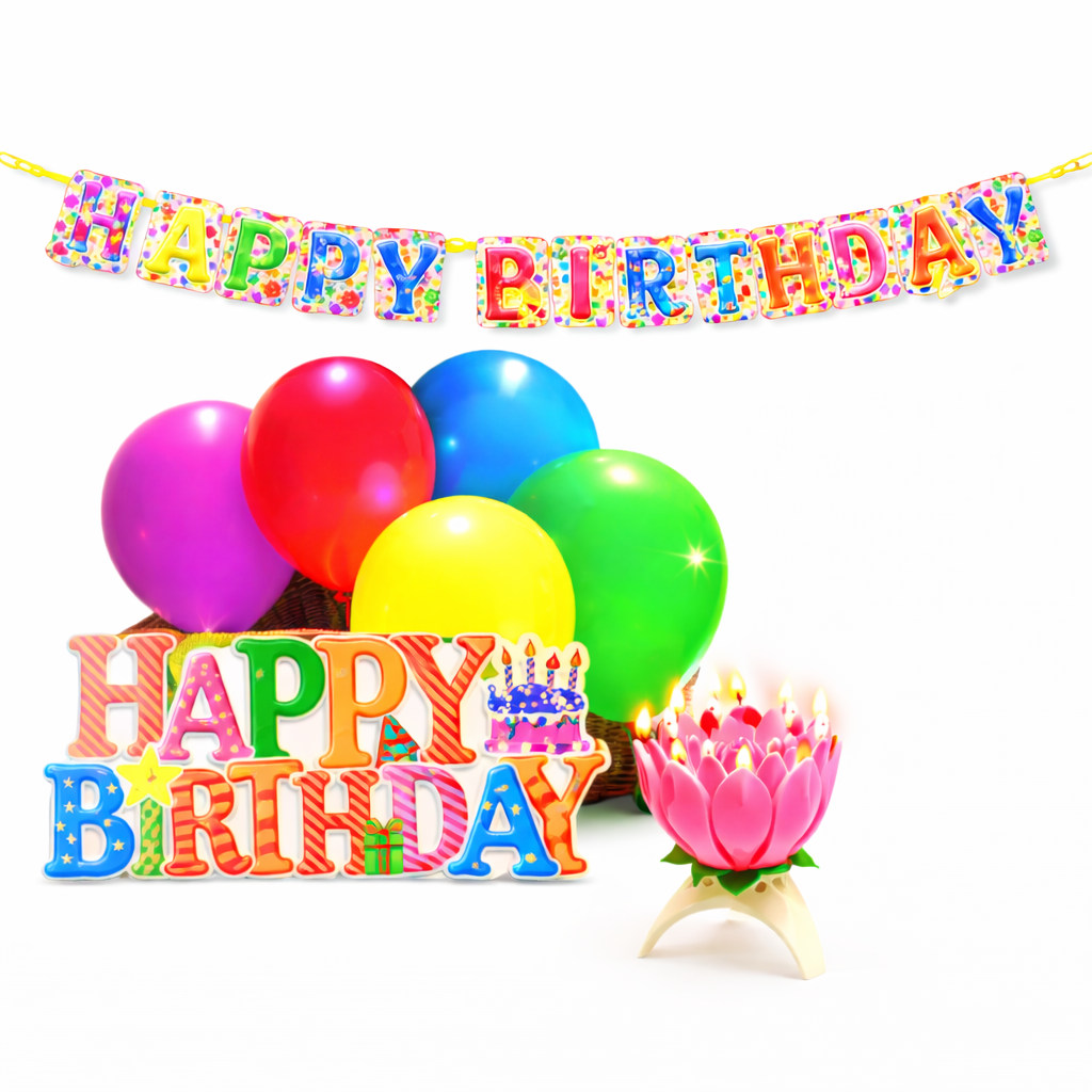 Birthday Decoration Combo Pack for Home Party | 1 Birthday Banner, 1 Candle, 1 Packet Bollon | All in One Birthday Combo with Premium Birthday Supplies - Apkamart