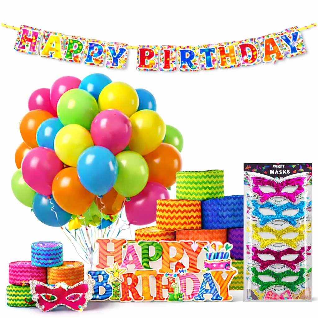 Birthday Combo for Celebration| 2 Packets Party Friles, 2 Packets Ballons, 1 Birthday Banner, 1 Packet Mask  | Birthday Decoration Combo Pack with Matching Party Supplies - Apakmart