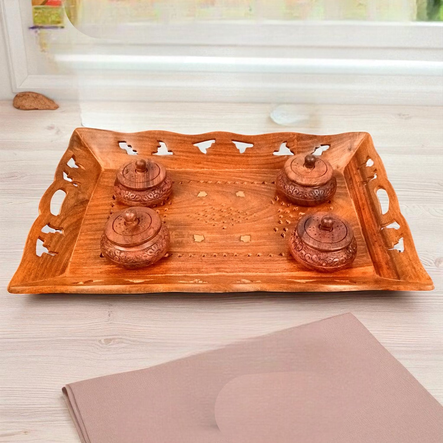 Serving Tray Wooden With Boxes & Lid | Multipurpose Decorative Tray & Organizer - For Home, Dining Table, Kitchen , Organization & Gifts | Wedding & Housewarming Gift - 1 Tray & 4 Boxes Combo Set - Apkamart