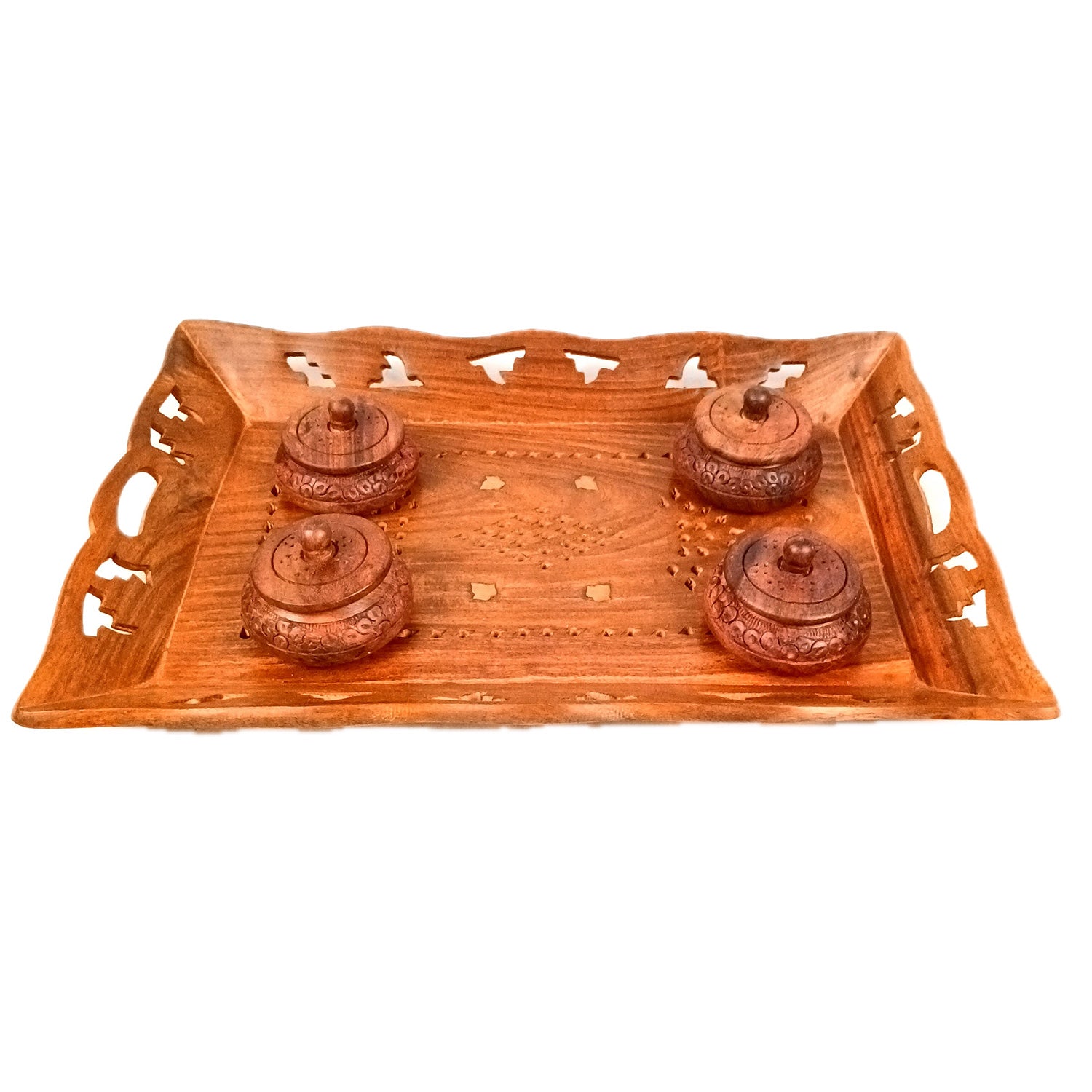 Serving Tray Wooden With Boxes & Lid | Multipurpose Decorative Tray & Organizer - For Home, Dining Table, Kitchen , Organization & Gifts | Wedding & Housewarming Gift - 1 Tray & 4 Boxes Combo Set - Apkamart