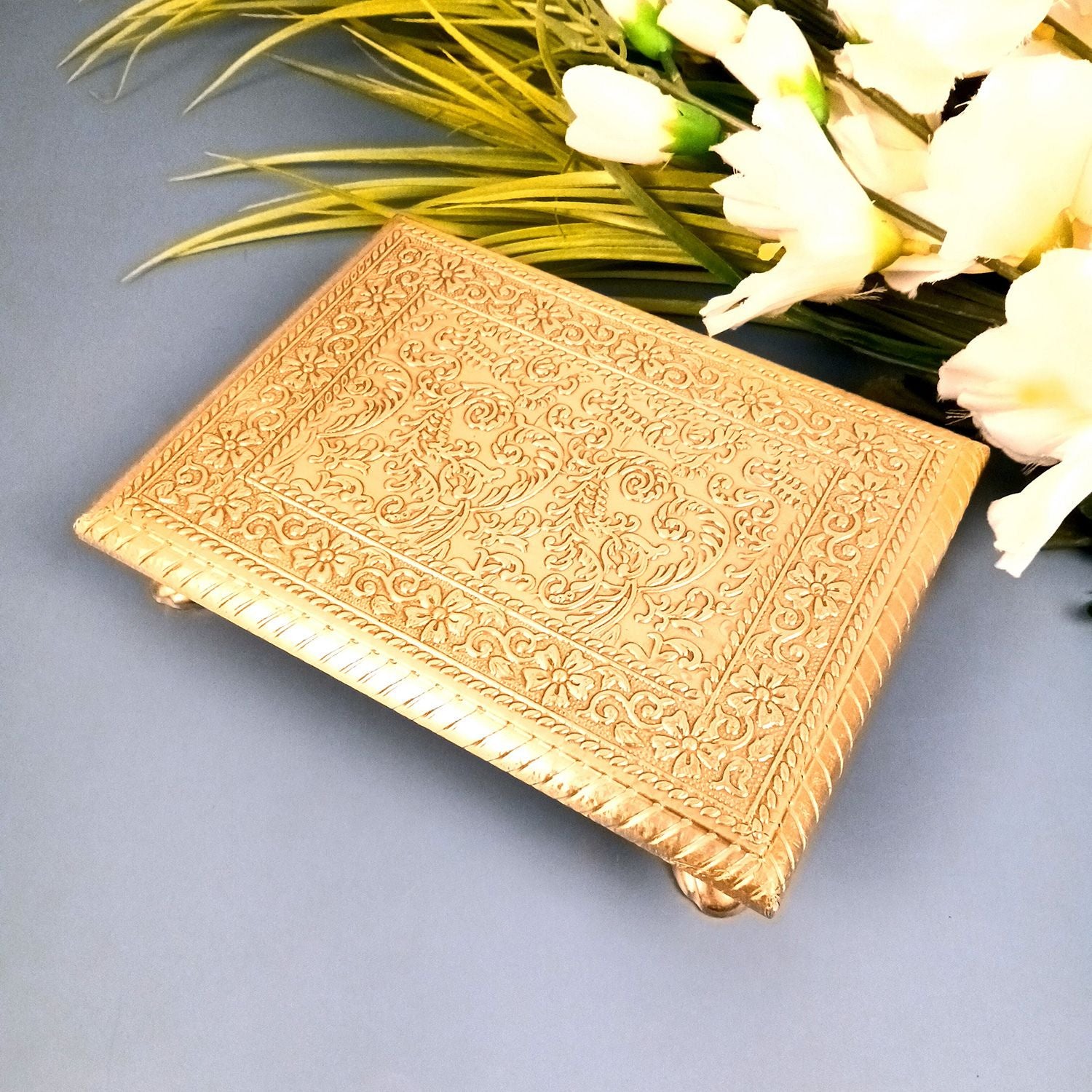 Wooden Brass Chowki for Pooja| Decorative Puja Bajot| Sitting Stool - for God Idol, Temple, Home Decor, Diwali, Festivals & Gifts - 8 Inch - Apkamart #Style_Pack Of 2