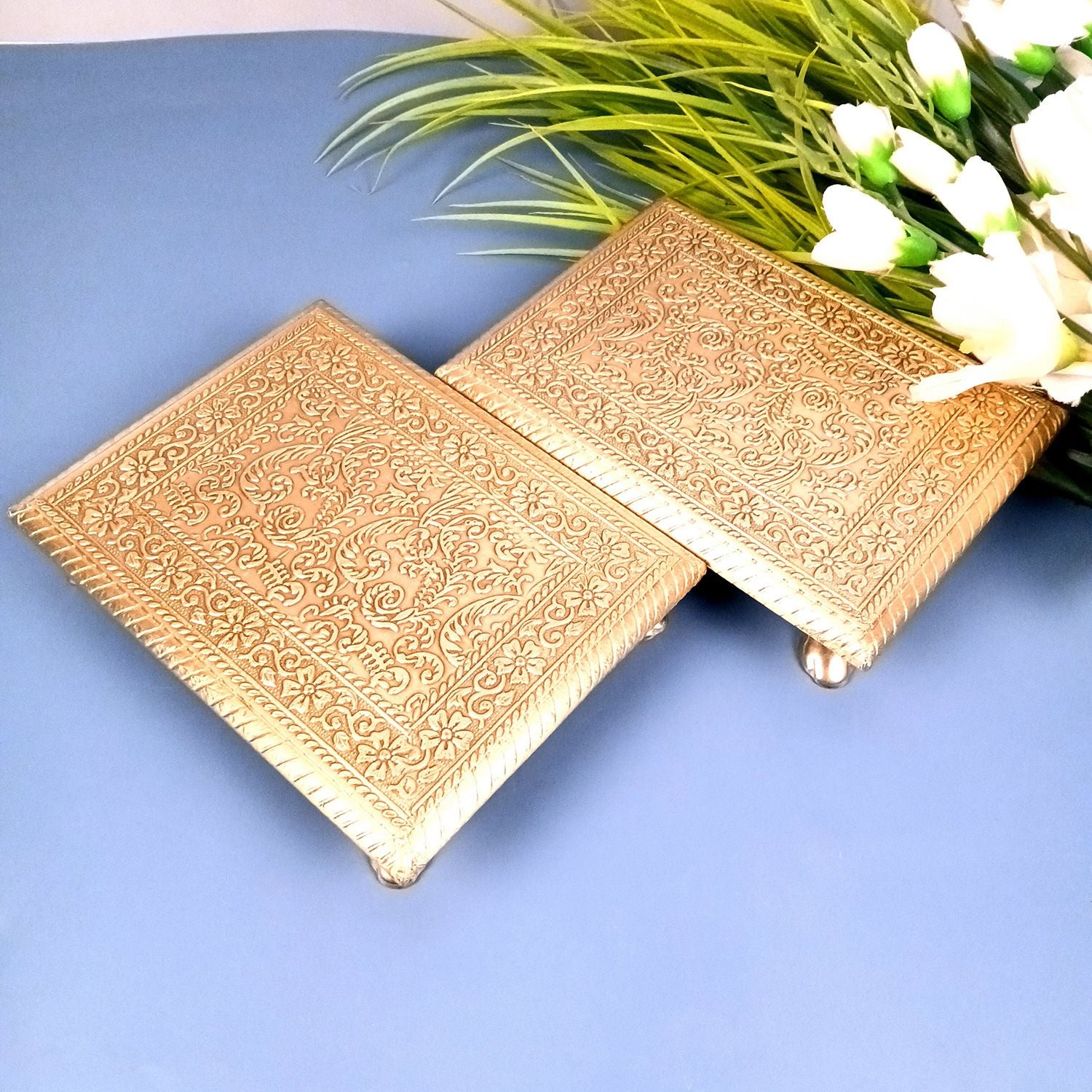 Wooden Brass Chowki for Pooja| Decorative Puja Bajot| Sitting Stool - for God Idol, Temple, Home Decor, Diwali, Festivals & Gifts - 8 Inch - Apkamart #Style_Pack Of 2