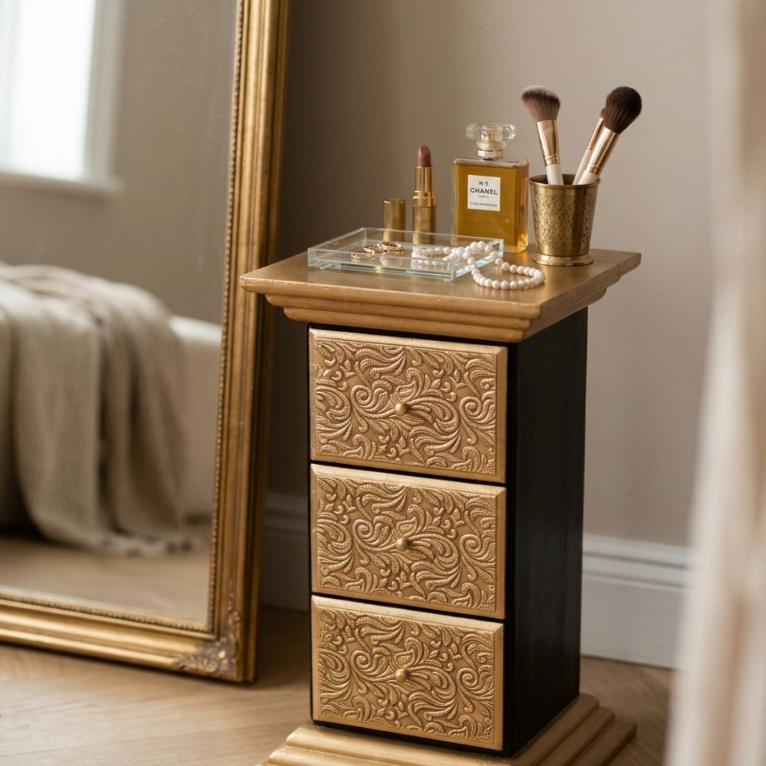 Brass Wood Pillar 3 Drawer Side Table Golden Bedside - 18 Inch-Apkamart