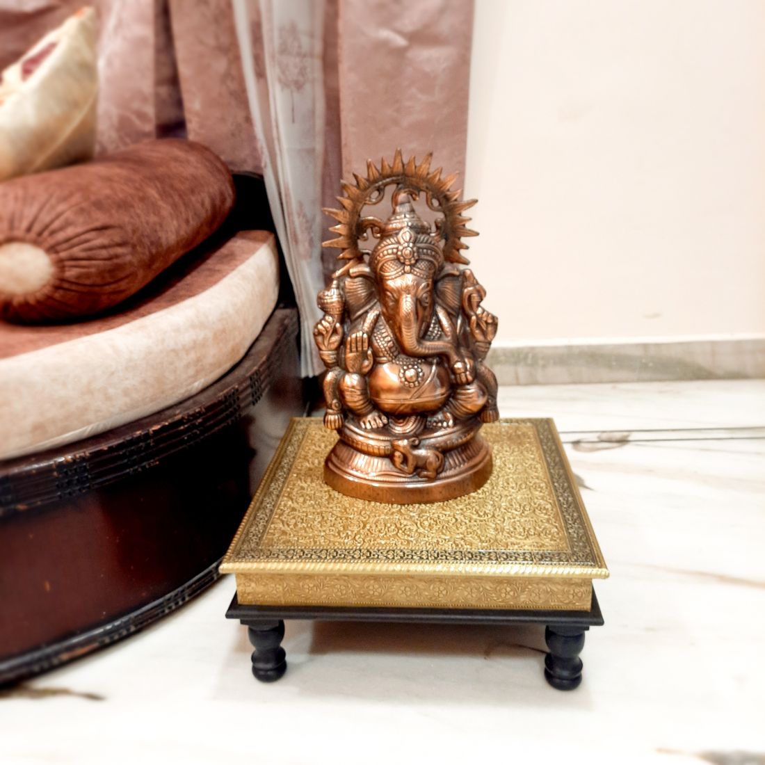 Puja Chowki Bajot | Wooden Brass Chauki - For Pooja, Sitting, Home & Corner Decor -15 Inch - apkamart #Style_Design 1