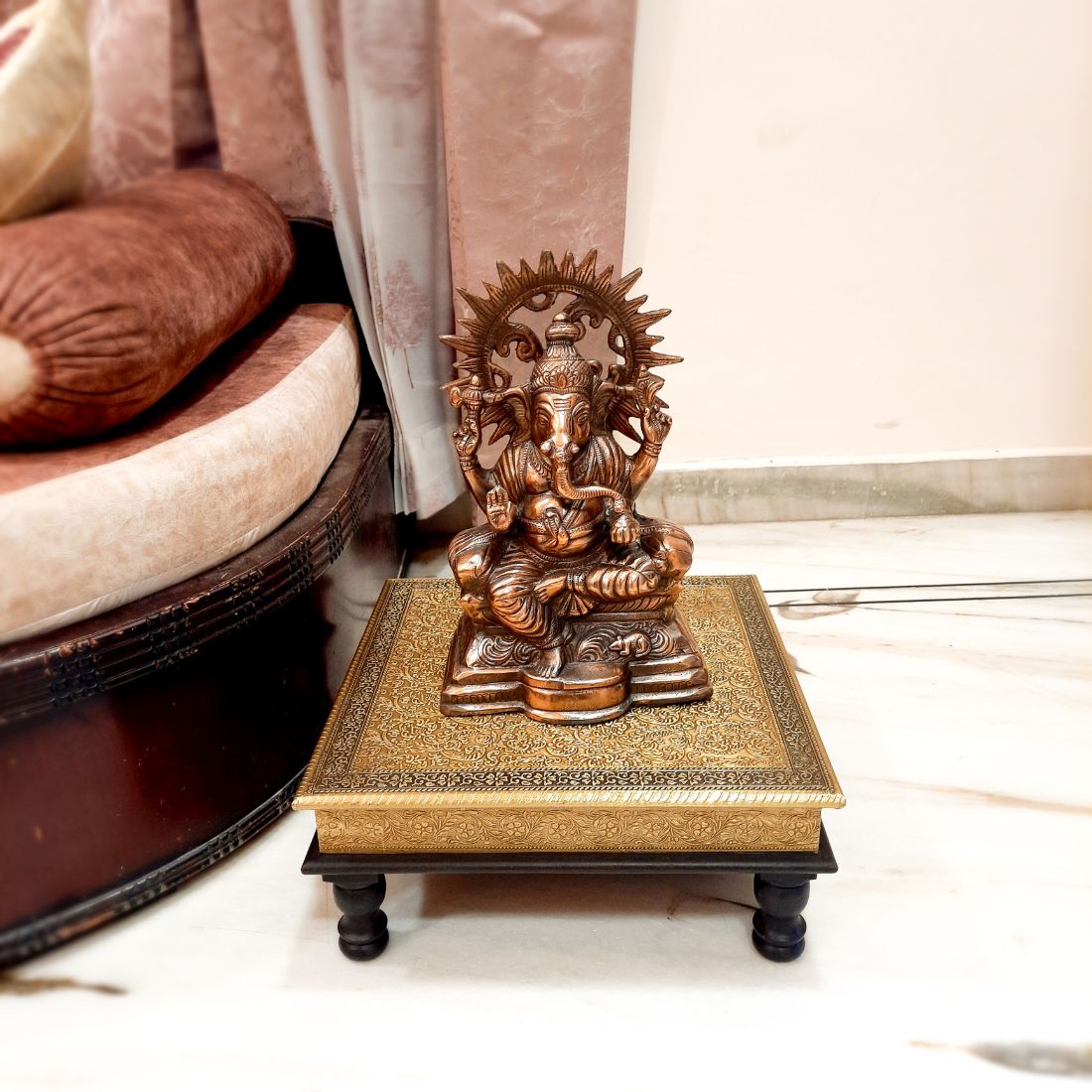 Puja Chowki Bajot | Wooden Brass Chauki - For Pooja, Sitting, Home & Corner Decor -15 Inch - apkamart #Style_Design 1