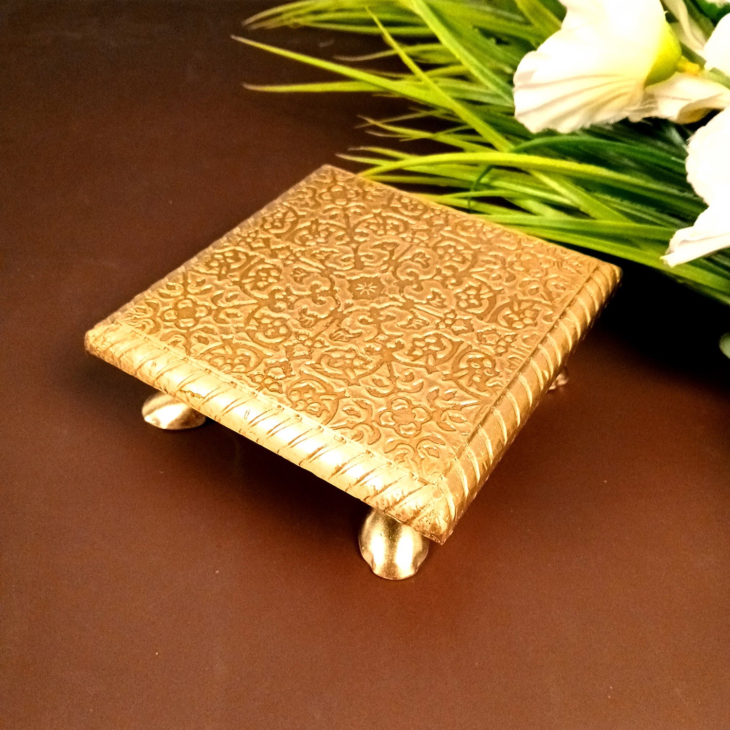 Puja Chowki Brass Bajot | Wooden Pooja Choki | Decorative Patla - For Home, Aasan for God Idol, Temple, Mandir Decor & Gifts - 5 Inch - Apkamart