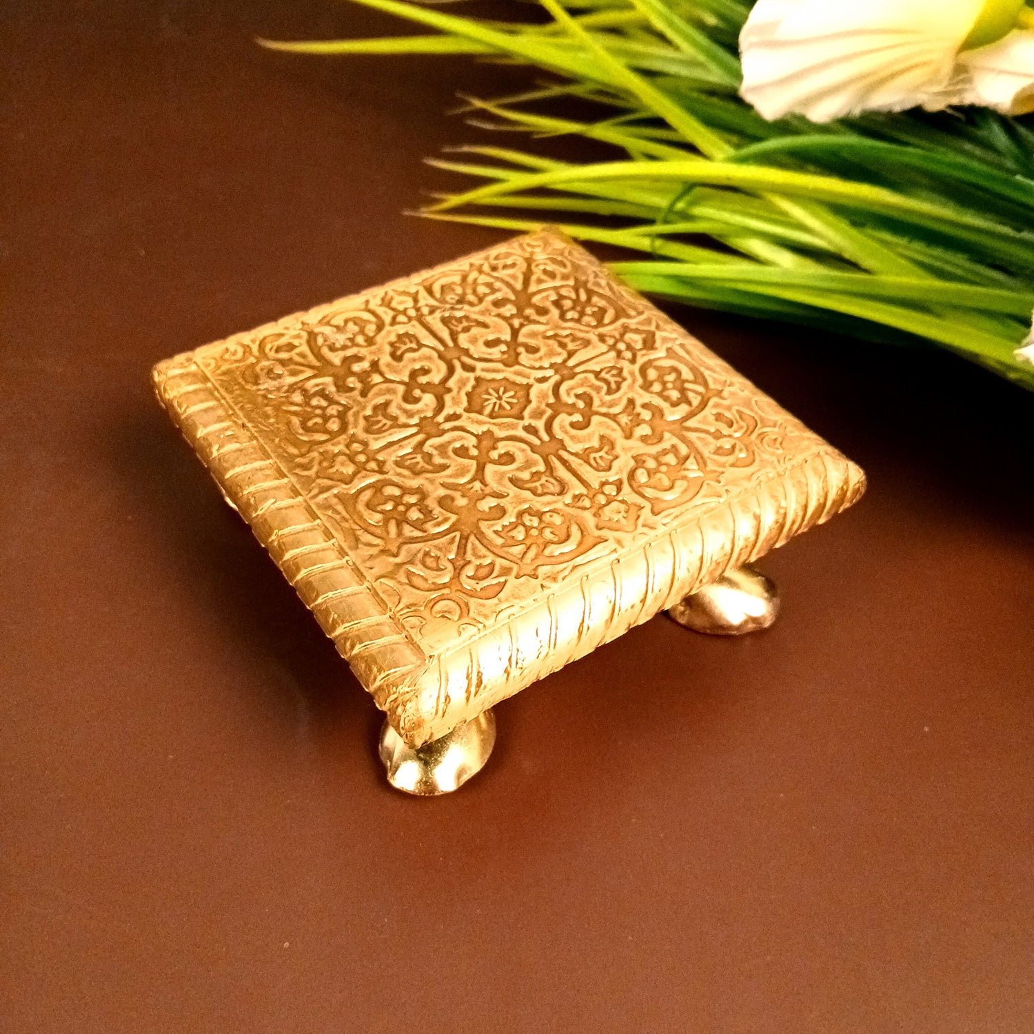 Brass Puja Chowki Bajot | Wooden Pooja Choki | Decorative Patla - For Home, Aasan for God Idol, Temple, Mandir Decor & Gifts - 4 Inch - Apkamart