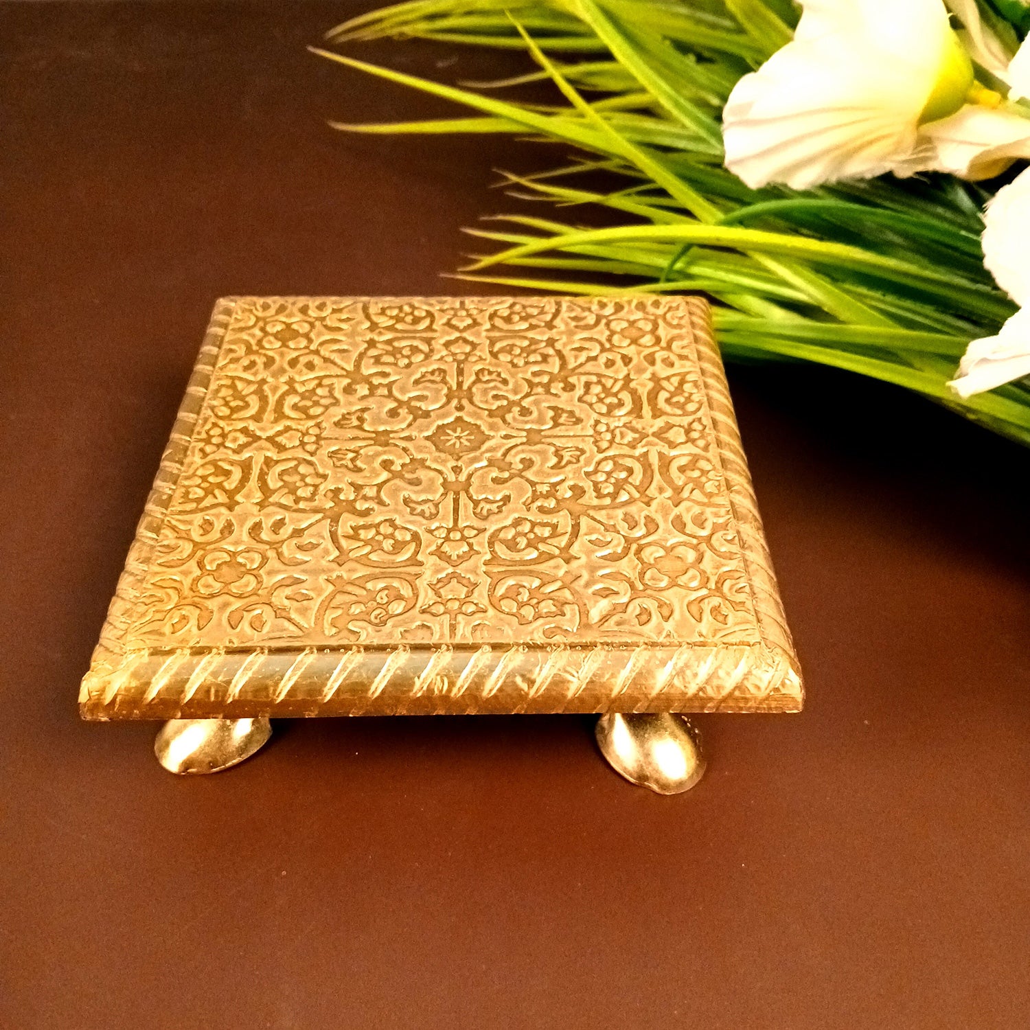 Puja Chowki Brass Bajot | Wooden Pooja Choki | Decorative Patla - For Home, Aasan for God Idol, Temple, Mandir Decor & Gifts - 5 Inch - Apkamart