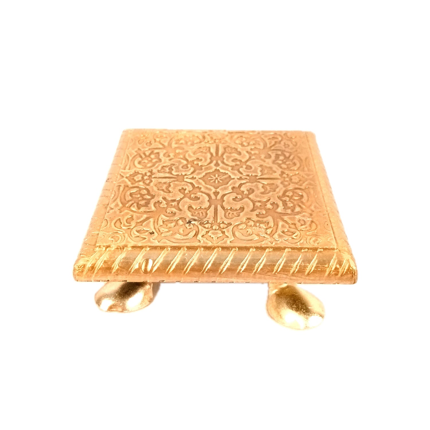 Brass Puja Chowki Bajot | Wooden Pooja Choki | Decorative Patla - For Home, Aasan for God Idol, Temple, Mandir Decor & Gifts - 4 Inch - Apkamart