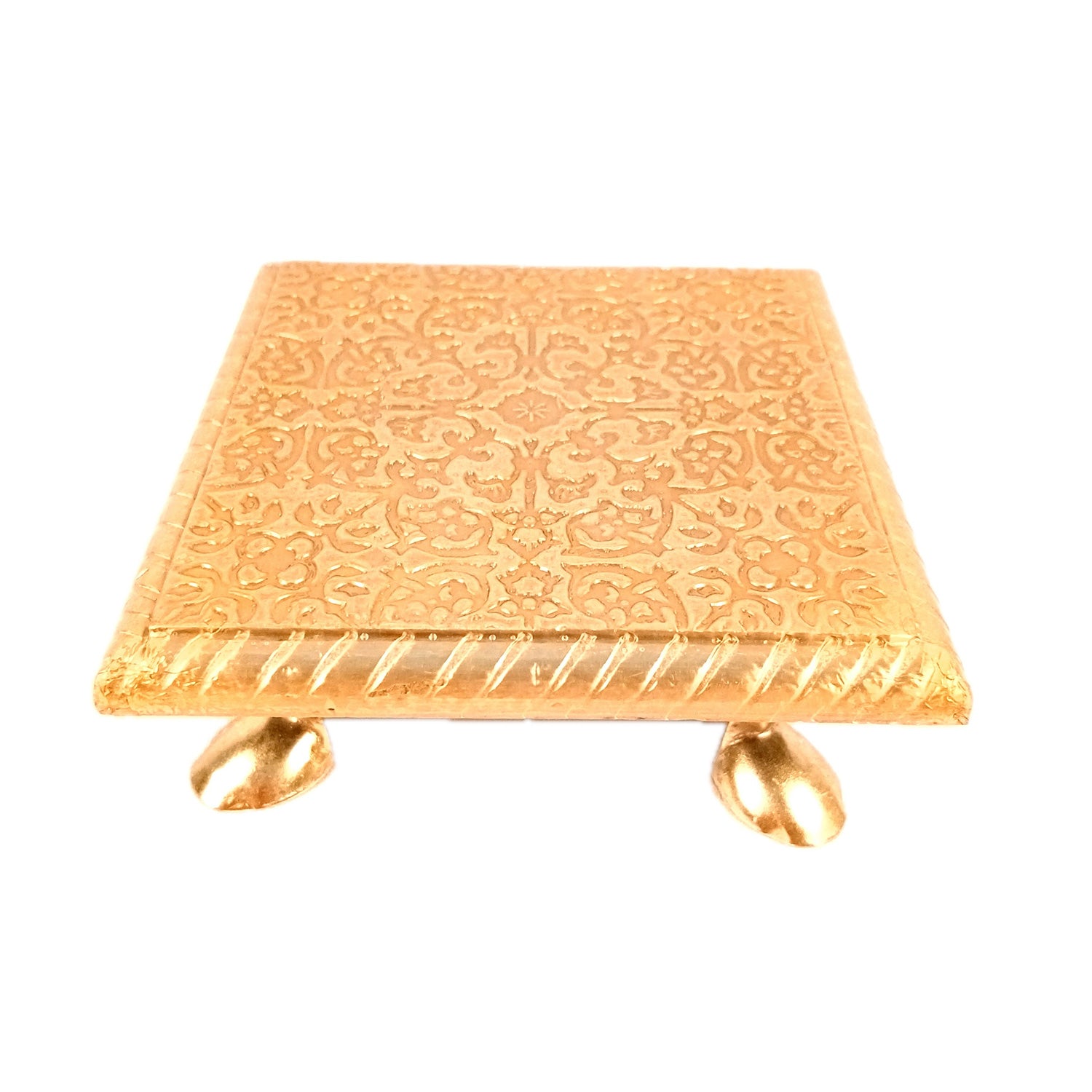 Puja Chowki Brass Bajot | Wooden Pooja Choki | Decorative Patla - For Home, Aasan for God Idol, Temple, Mandir Decor & Gifts - 5 Inch - Apkamart