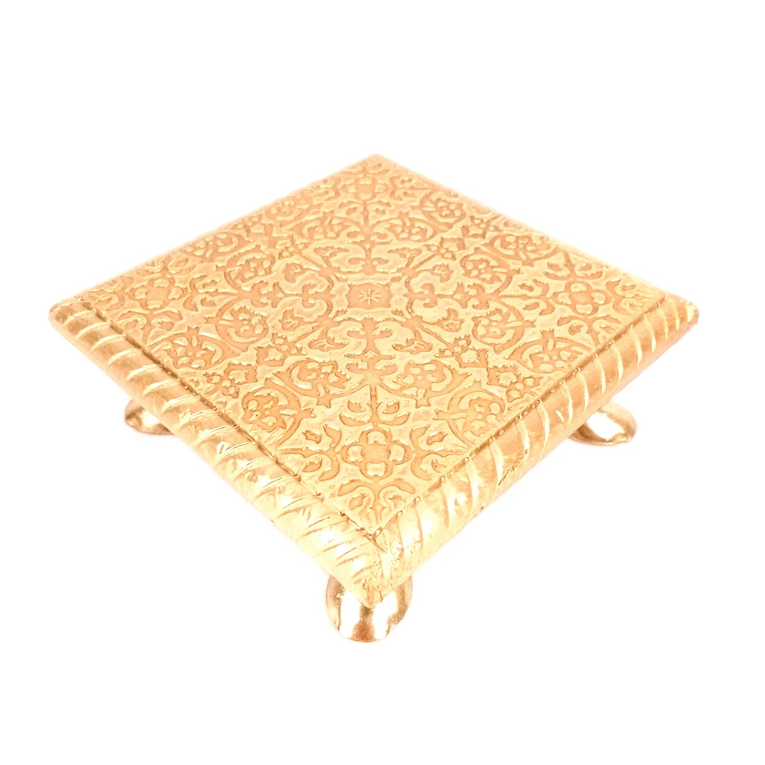Puja Chowki Brass Bajot | Wooden Pooja Choki | Decorative Patla - For Home, Aasan for God Idol, Temple, Mandir Decor & Gifts - 5 Inch - Apkamart
