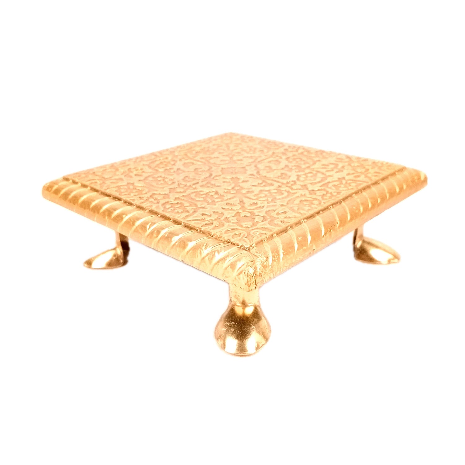 Puja Chowki Brass Bajot | Wooden Pooja Choki | Decorative Patla - For Home, Aasan for God Idol, Temple, Mandir Decor & Gifts - 5 Inch - Apkamart