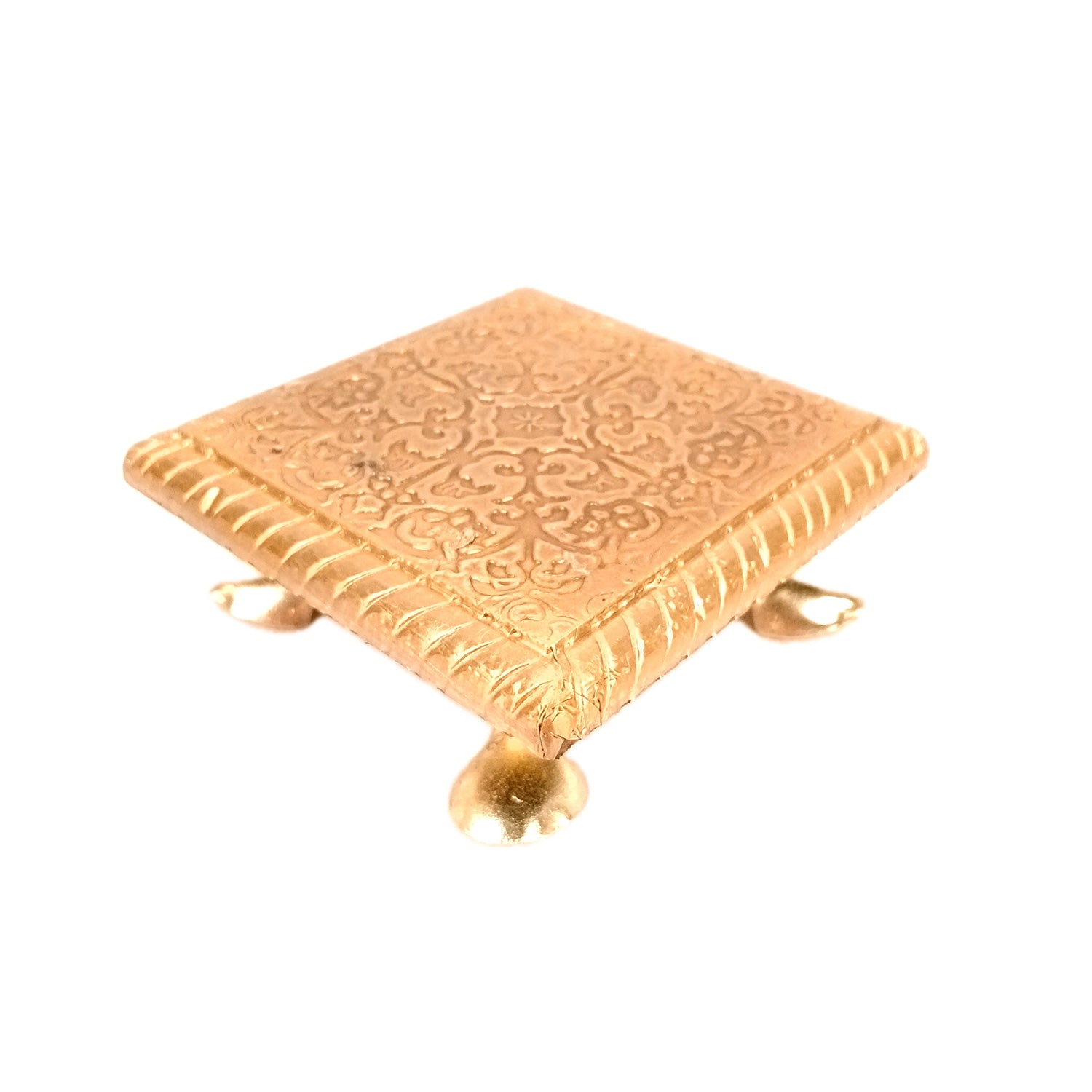 Brass Puja Chowki Bajot | Wooden Pooja Choki | Decorative Patla - For Home, Aasan for God Idol, Temple, Mandir Decor & Gifts - 4 Inch - Apkamart