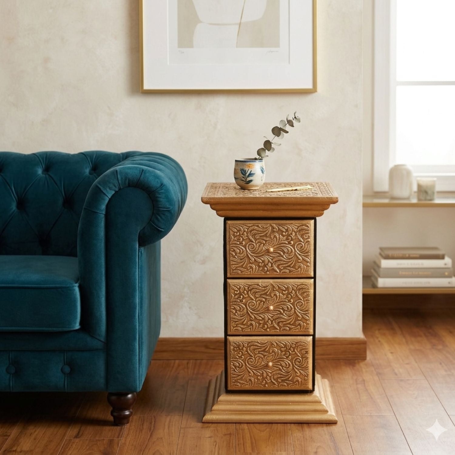 Brass Wood Pillar 3 Drawer Side Table Golden Bedside - 18 Inch