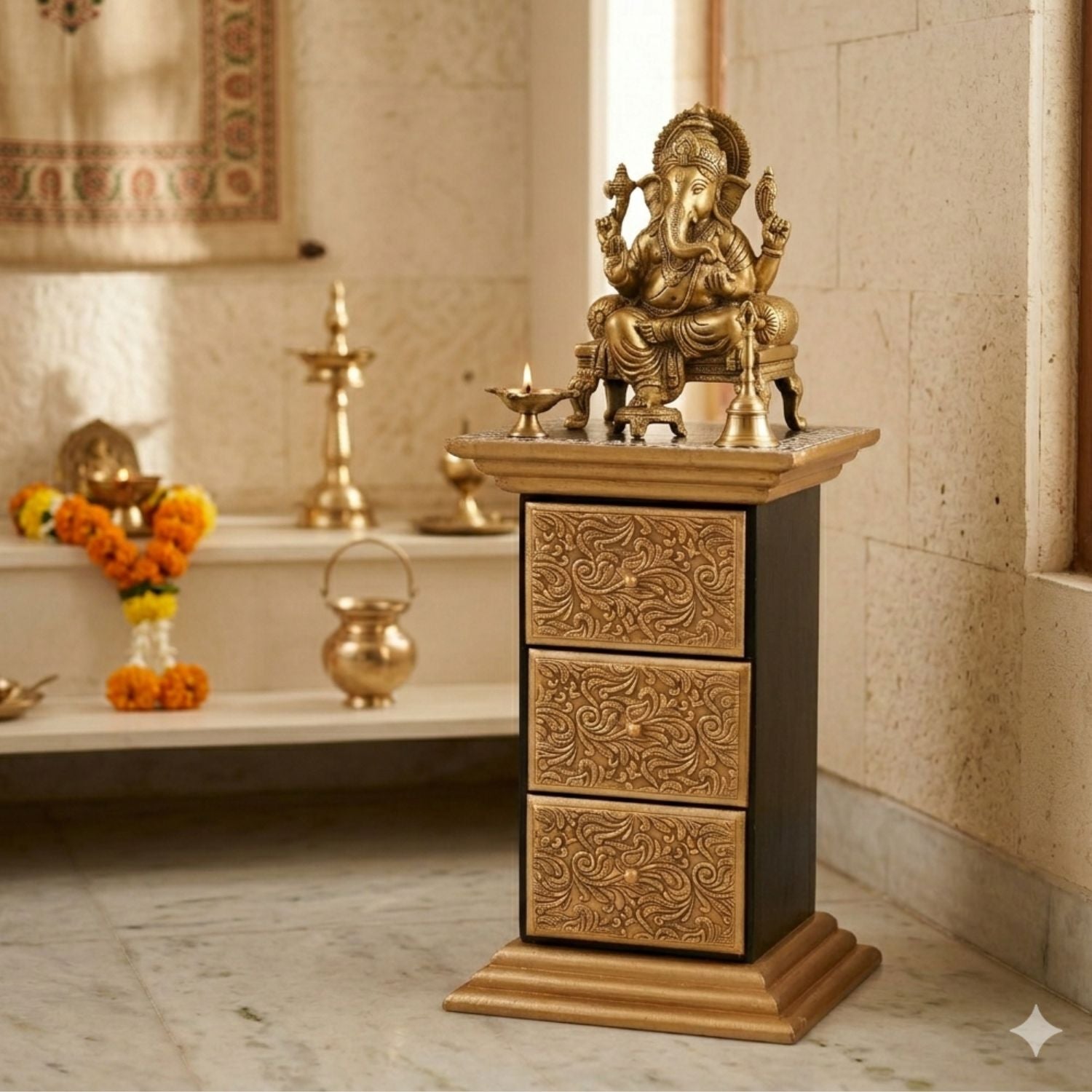 Brass Wood Pillar 3 Drawer Side Table Golden Bedside - 18 Inch