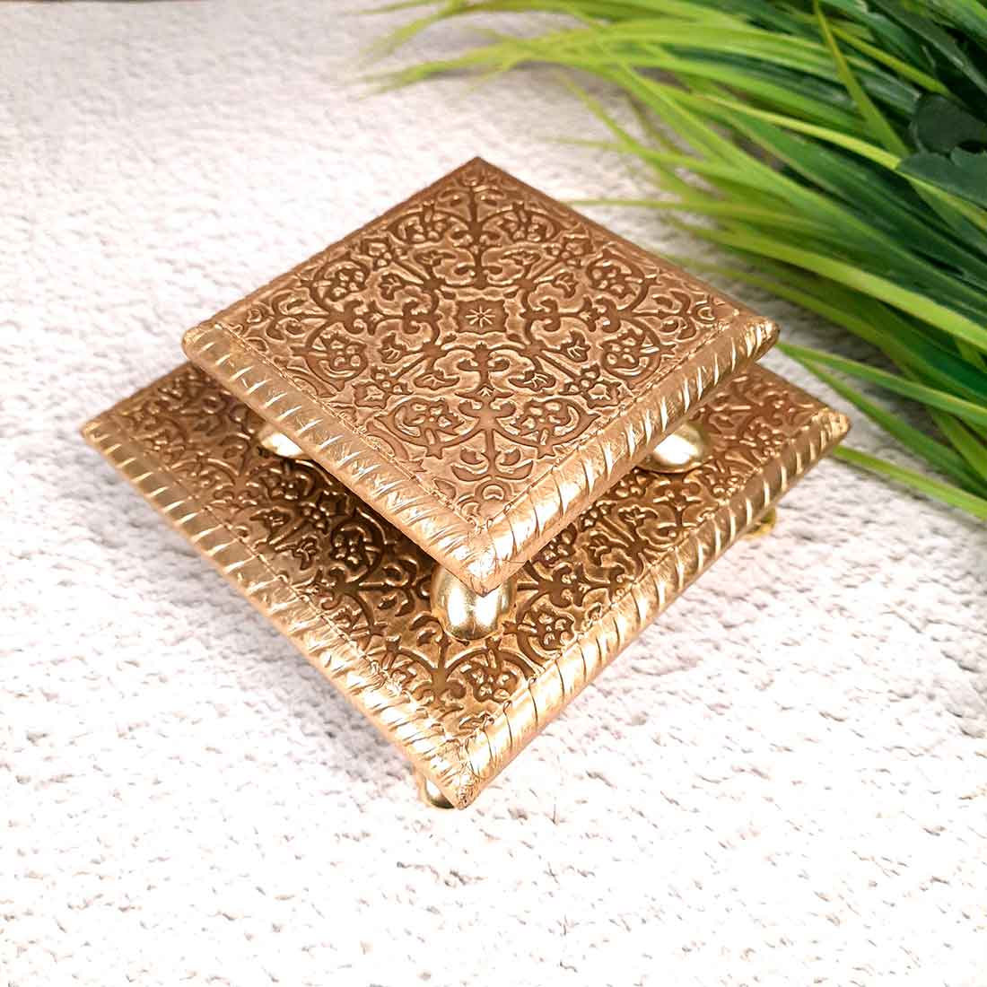 Puja Chowki Bajot | Wooden Brass Chauki Set - For Home Decor, Pooja, & Festivals - 4x6 Inch (Pack of 2) - Apkamart