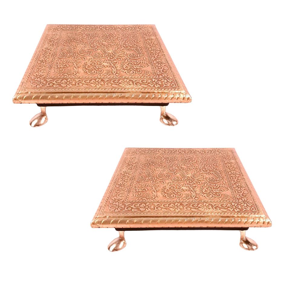 Wooden Chowki for Pooja | Decorative Brass Bajot | Peeta/Patla for Puja - for Living Room, Festivals, Diwali, Temple, Pooja, Home Decor & Gifts - apkamart #Style_Pack of 2