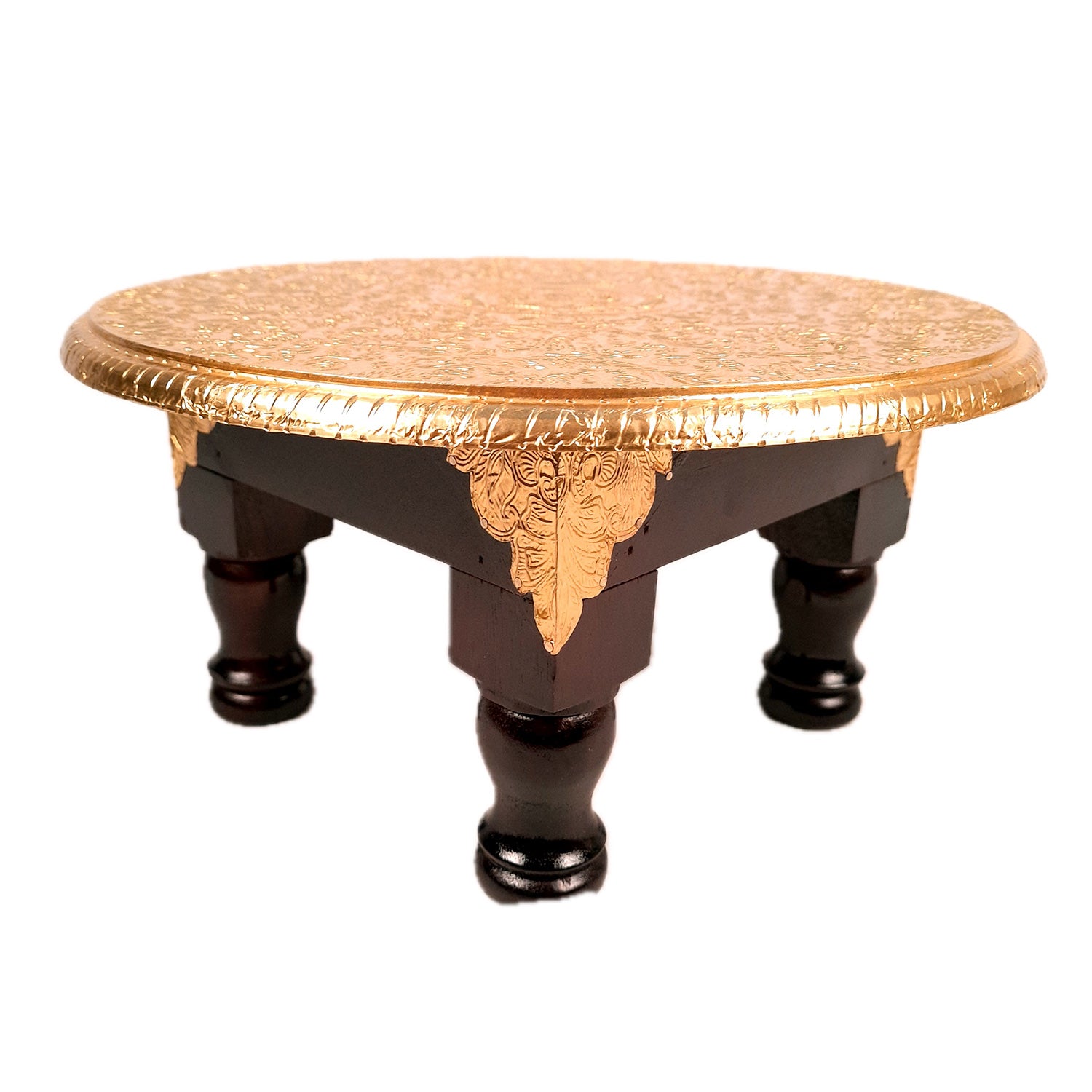 Puja Chowki Bajot | Wooden Brass Chauki | Peeta / Patla for Sitting - For Pooja, Living Room, Home & Corner Decor - 13 Inch