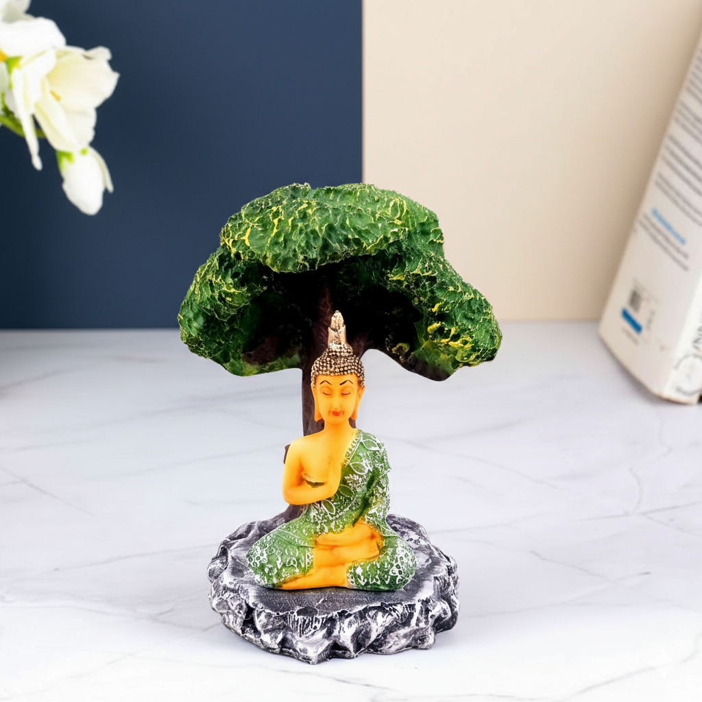 Buddha Statue | Lord Gautam Buddha Idol in Meditation Under Tree Showpiece -For Living room, Home, Table, Shelf, Office Decor & Gift - 9 Inch - Apkamart