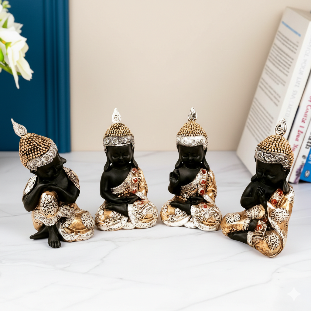 Buddha Statues | Lord Gautam Buddha Sitting Pose Idol Showpiece - For Living room, Home, Table, Shelf, Office Décor | Housewarming & Birthday Gift - 10 Inch (Set Of 4) - Apkamart
