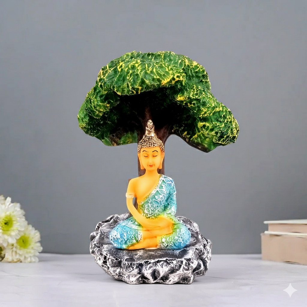 Buddha Statue | Lord Gautam Buddha in Meditation Under Tree Idol Showpiece | Good Luck, Money, Health and Prosperity - For Living room, Home, Table, Decor & Gift - 9 Inch - Apkamart