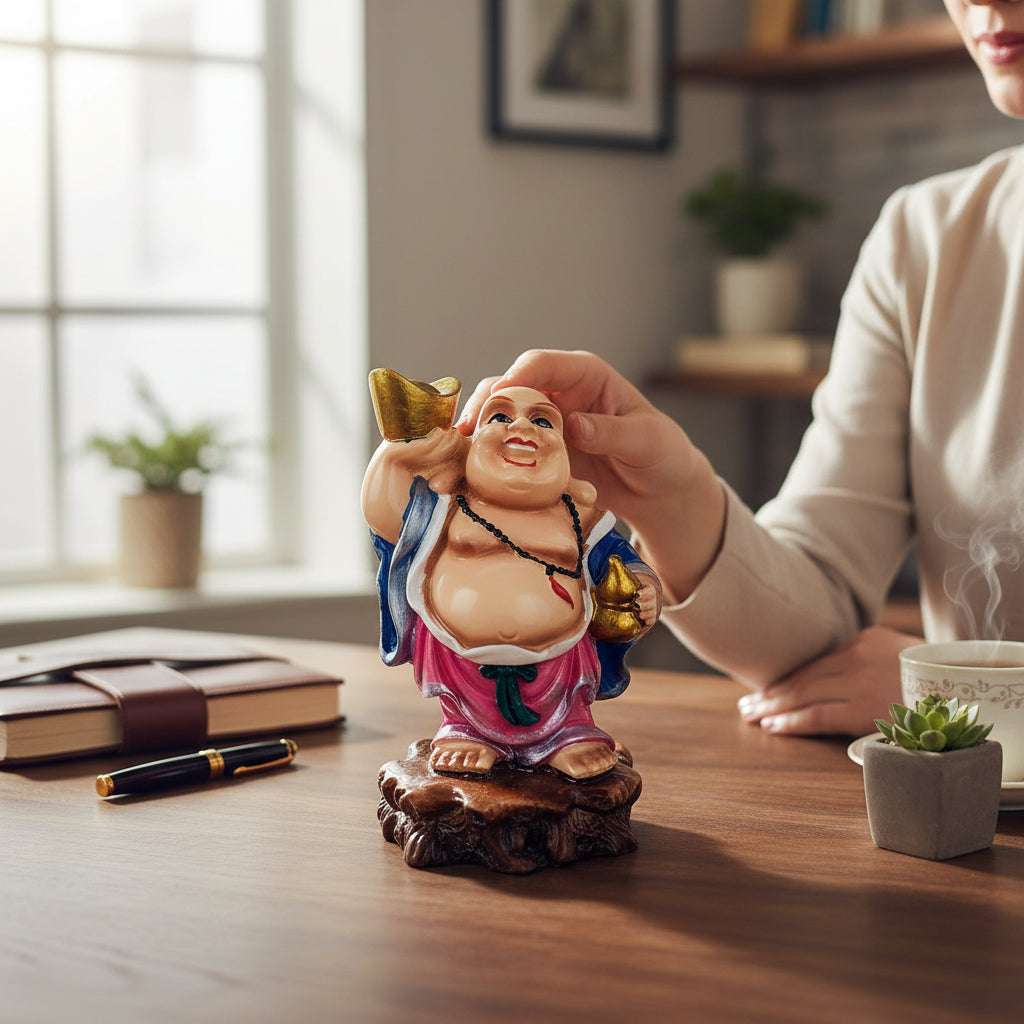 Laughing Buddha Statue | Monk Showpiece with Money Bag for Wealth | Good Luck, Money, Health and fulfillment. - For Home, Table & Office Decor & Gift - 4 Inch - Apkamart