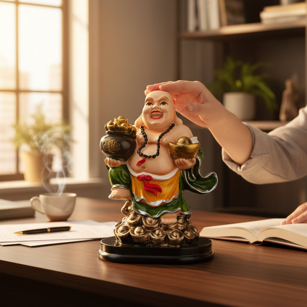 Buddha Showpiece with Rustic Look | Feng Shui Decor - For Good Luck, Home, Table, Office Decor & Gift - 7 Inch - Apkamart