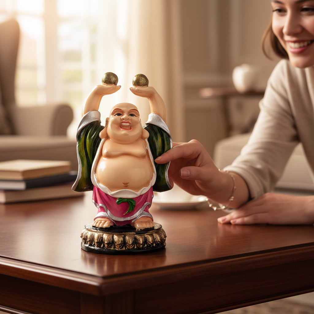 Laughing Buddha Statue with Rustic Look | Buddha Showpiece with Money Bag for Wealth | For Table & Office Decor & Gift - Symbol of wealth,Success, Victory & prosperity - 5 Inch - Apkamart