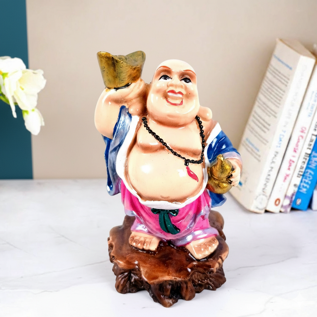 Laughing Buddha Statue | Monk Showpiece with Money Bag for Wealth | Good Luck, Money, Health and fulfillment. - For Home, Table & Office Decor & Gift - 4 Inch - Apkamart