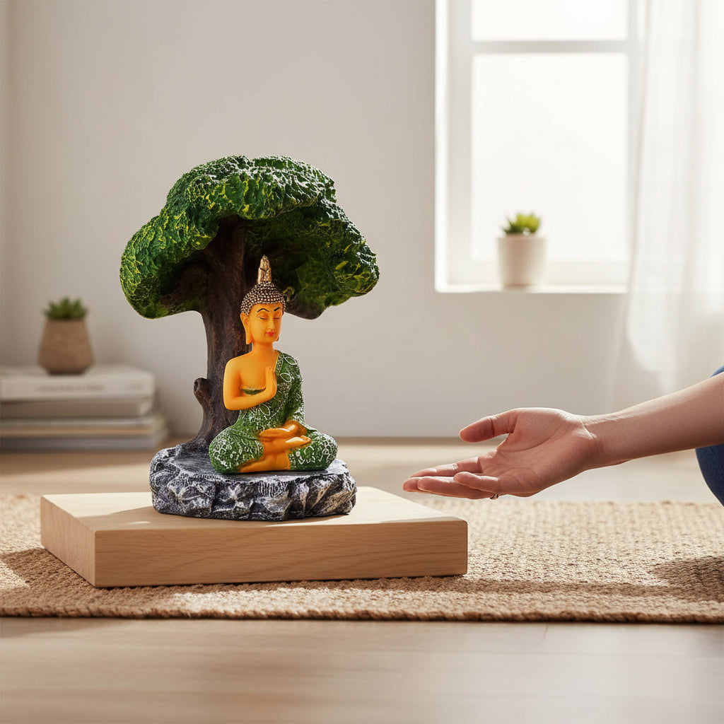 Buddha Statue | Lord Gautam Buddha Idol in Meditation Under Tree Showpiece -For Living room, Home, Table, Shelf, Office Decor & Gift - 9 Inch - Apkamart