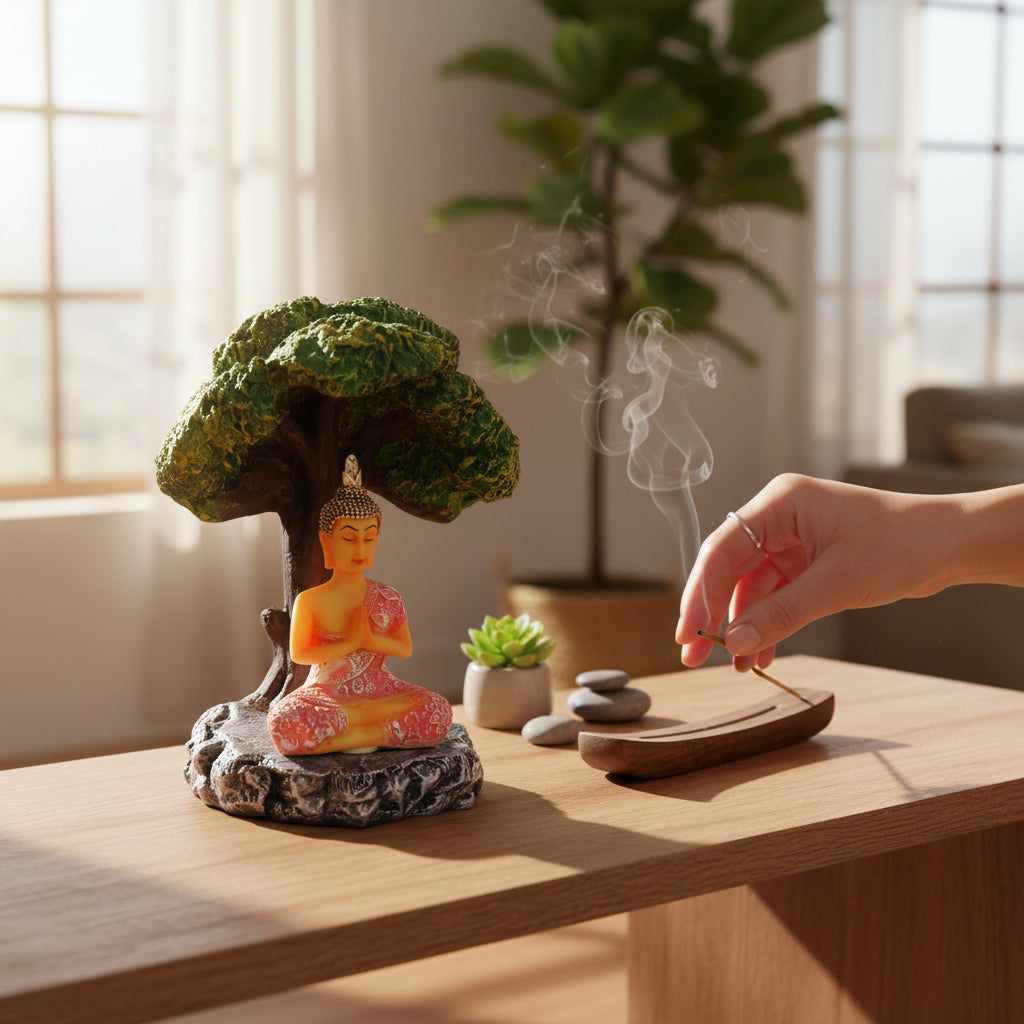 Buddha Statue | Lord Gautam Buddha in Meditation Under Tree Idol Showpiece - For Home, Table, Shelf, Office Decor & Gift - 9 Inch - Apkamart