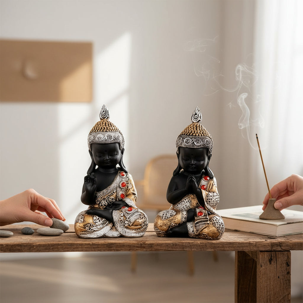 Buddha Statues | Lord Gautam Buddha Sitting Pose Idol Showpiece - For Living room, Home, Table, Shelf, Office Décor | Housewarming & Anniversary Gift - 10 Inch (Set Of 2) - Apkamart