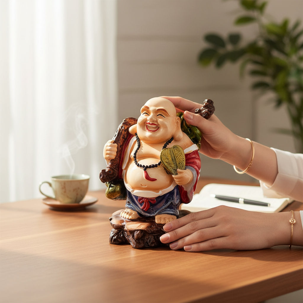 Laughing Buddha Statue | Monk Showpiece with Money Bag for Wealth, Good Luck, Money, Health and Prosperity - For Home, Table & Office Decor & Gift - 4 Inch - Apkamart