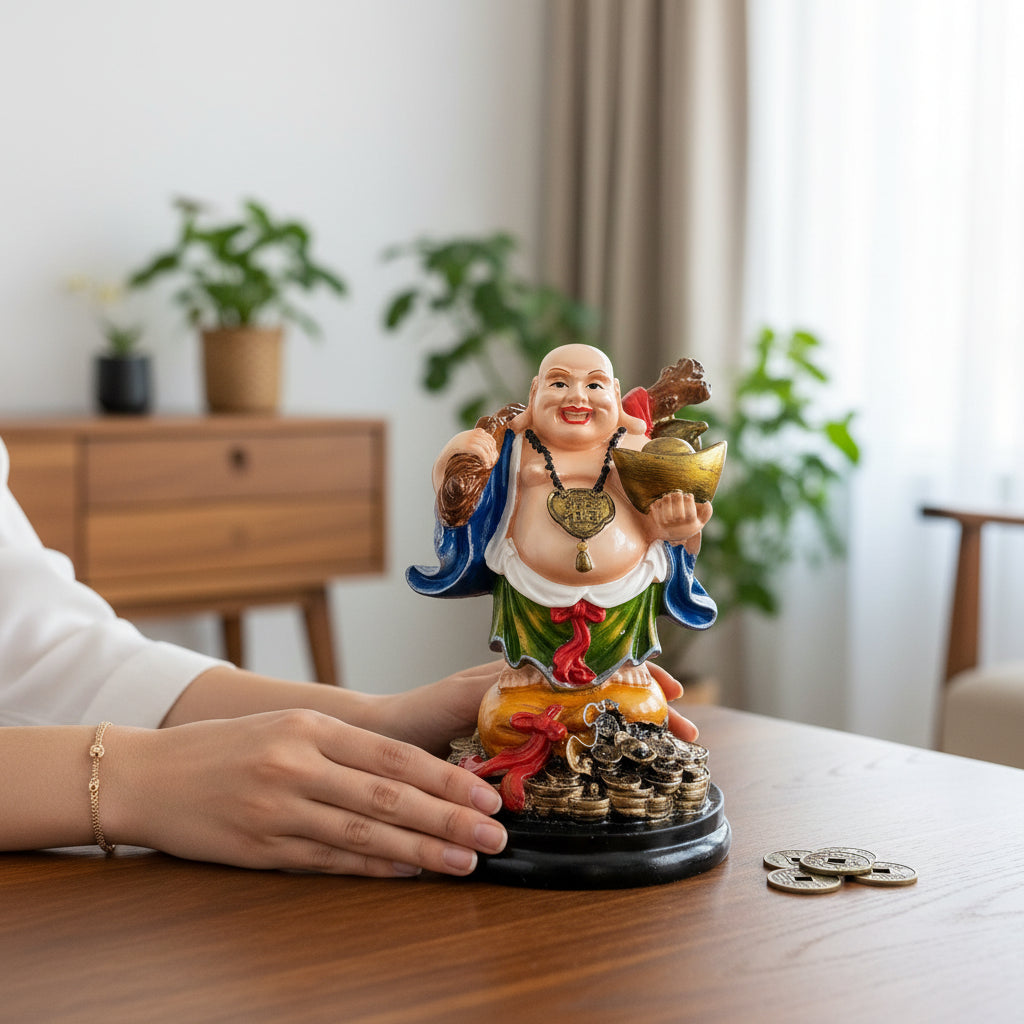 Laughing Buddha Showpiece with Bowl | Feng Shui Decor - Good Luck, Home, Table, Office Decor & Gift - 7 Inch - Apkamart