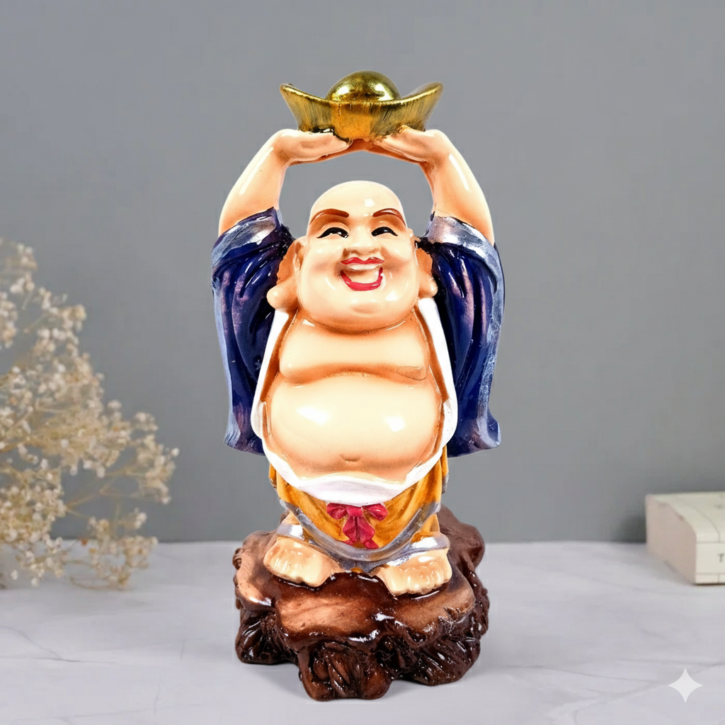 Laughing Buddha With Gold Ingo | Monk Showpiece with Money Bag for Wealth | Good Luck, Money, Health and Prosperity - For Home, Table & Office Decor & Gift - 5 Inch - Apkamart