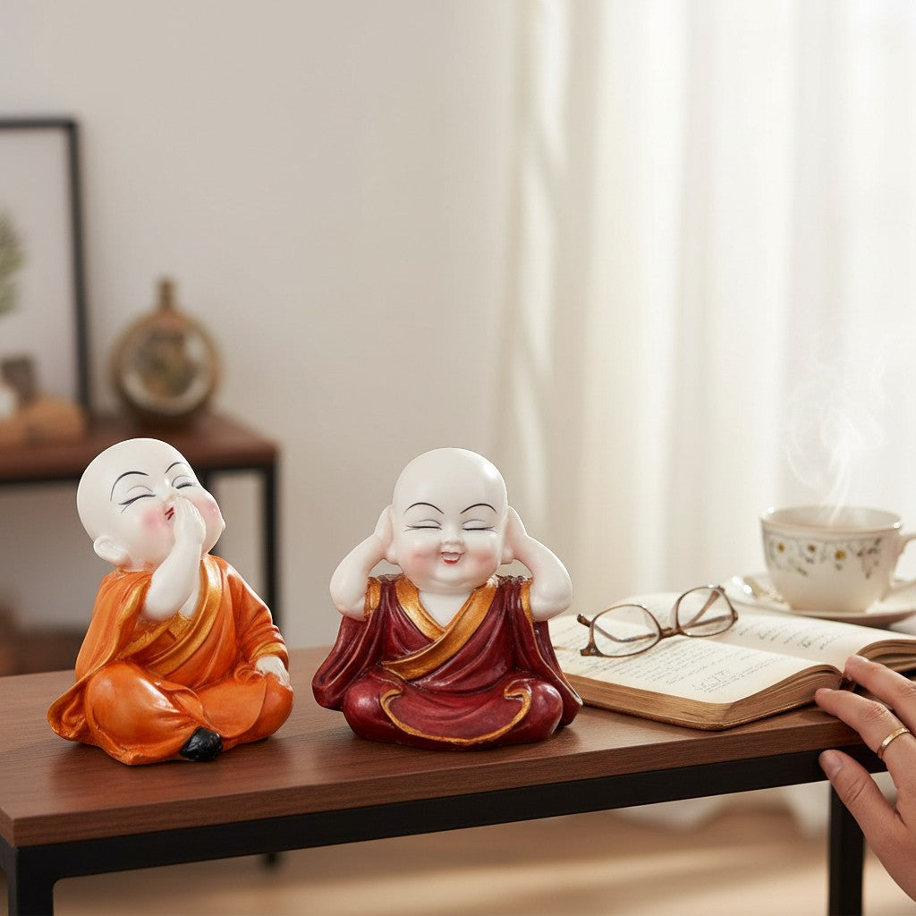 Baby Monk Laughing Buddha Statue | Cute Buddha Showpiece for Home Decor & Vastu | Decorative Figurine for Living Room, Table & Gifting - (Pack Of 2) - Apkamart