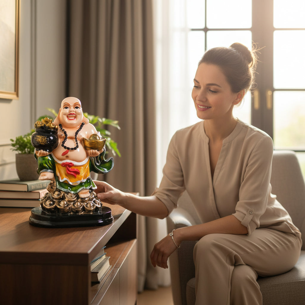 Buddha Showpiece with Rustic Look | Feng Shui Decor - For Good Luck, Home, Table, Office Decor & Gift - 7 Inch - Apkamart